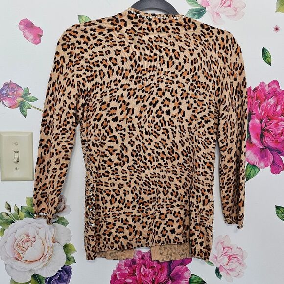 Boston Proper Leopard Cheetah Cardigan Sparkly Sequin Bling Rhinestone Button - Picture 3 of 6